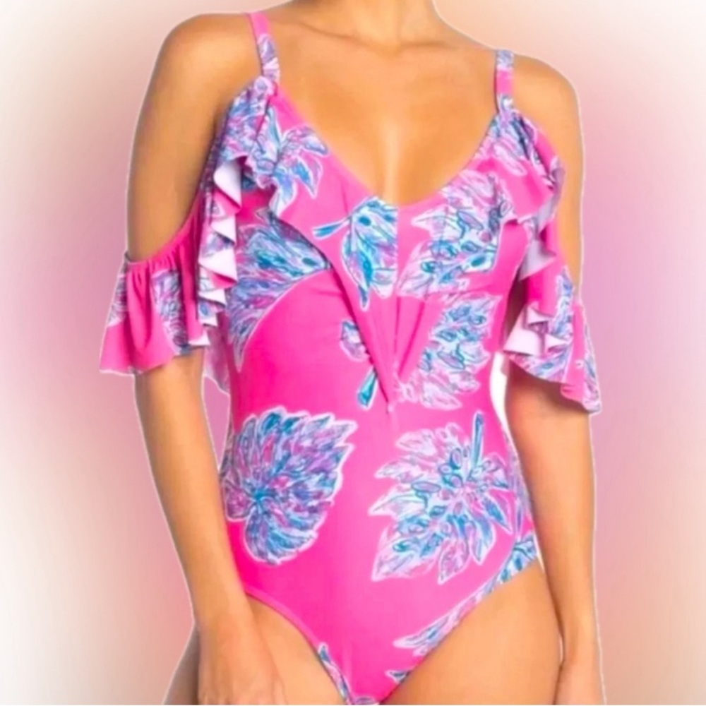 Marilyn Monroe Cold Shoulder Cap sleeve Bathing suit Swimsuit Size Medium Ruffle